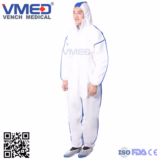 Disposable Type 4/5/6 White Micro-Porous Coverall with Red Adhesive Strip