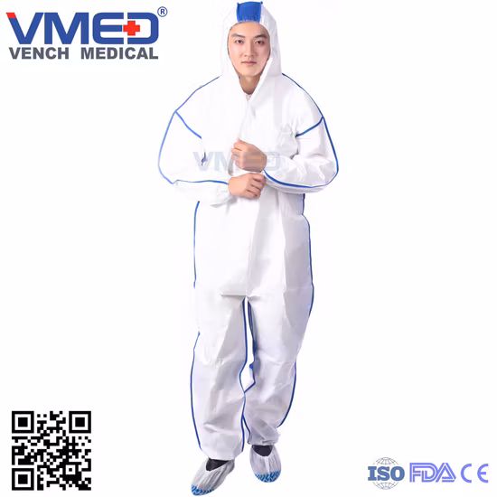 Disposable Type 4/5/6 White Micro-Porous Coverall with Red Adhesive Strip
