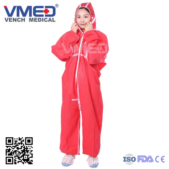 Disposable Type 4/5/6 White Micro-Porous Coverall with Red Adhesive Strip